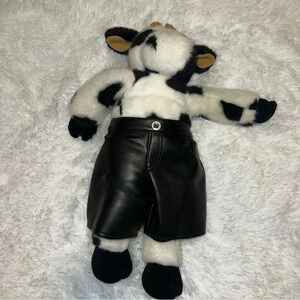 Build a Bear Retired Cow wearing Leather Shorts Stuffed Animal Cow Print